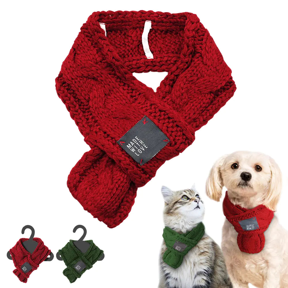 Woolen Pet Scarf with Bow Tie – Cozy Winter Accessory for Small Dogs, Puppies & Cats (Green or Red, S–M)