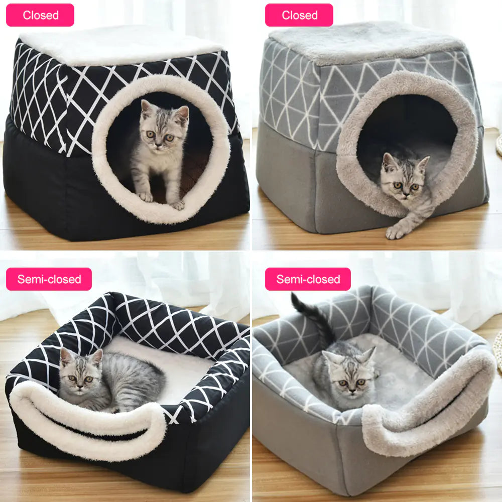 Space Nest Velvet Pet Bed – Cozy Anti-Slip Cat & Dog House (Black or Grey, L–XL)