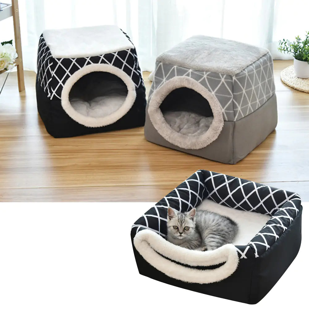 Space Nest Velvet Pet Bed – Cozy Anti-Slip Cat & Dog House (Black or Grey, L–XL)