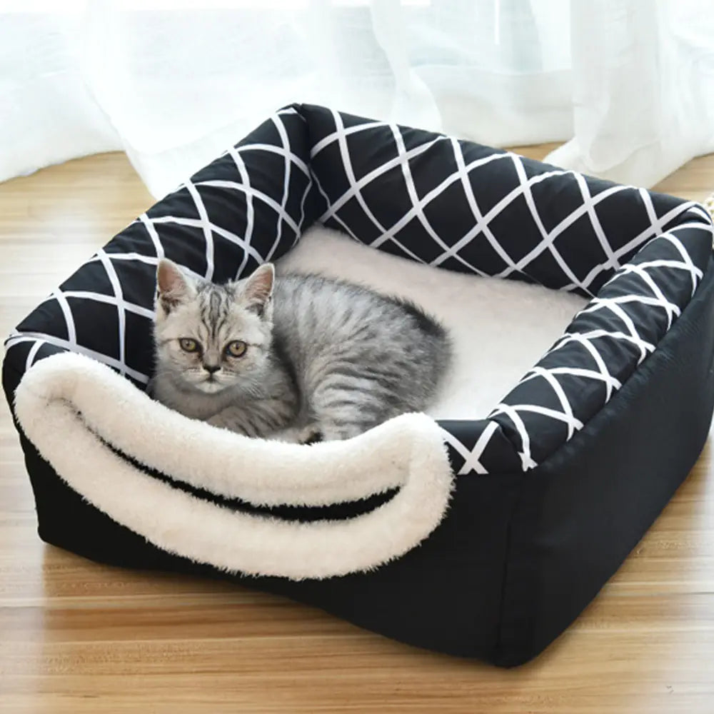 Space Nest Velvet Pet Bed – Cozy Anti-Slip Cat & Dog House (Black or Grey, L–XL)