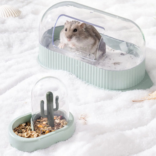 Cute Hamster Sand Bath & Feeder Set – Transparent Bathroom & Food Dispenser (7.7” x 3.7” x 4”)
