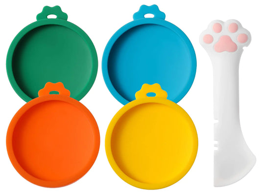 4-Pack Silicone Cat Food Can Lids & Spoon Set – Fits 2.5oz–3oz Cans | Reusable & Airtight Covers