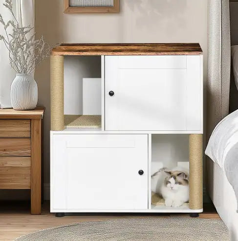 Double Cat Litter Box Enclosure – 2-Cat Litter Cabinet with Shelves (White + Vintage Wood Finish)