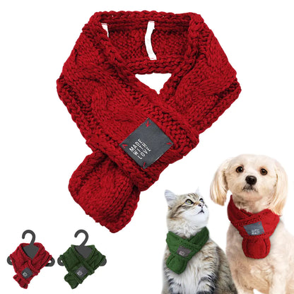 Woolen Pet Scarf with Bow Tie – Cozy Winter Accessory for Small Dogs, Puppies & Cats (Green or Red, S–M)