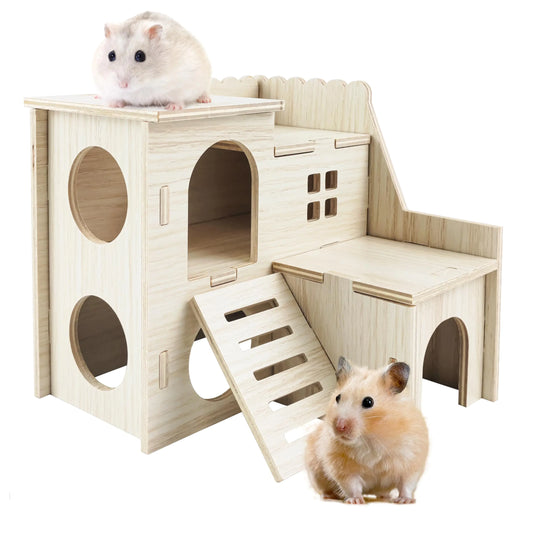 Wooden Hamster Maze Cabin – Double-Deck Hideout House with Ladder (Natural Wood, Easy Assembly)