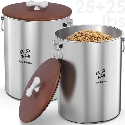 Stainless Steel Pet Food Storage Containers – 2-Pack Airtight Bins with Wooden Lids (Holds Up to 50 lbs Total)